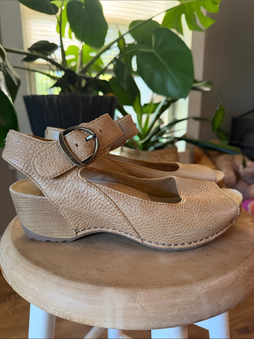 Dansko Beige Leather Mary Jane Clog Sandals with Buckle